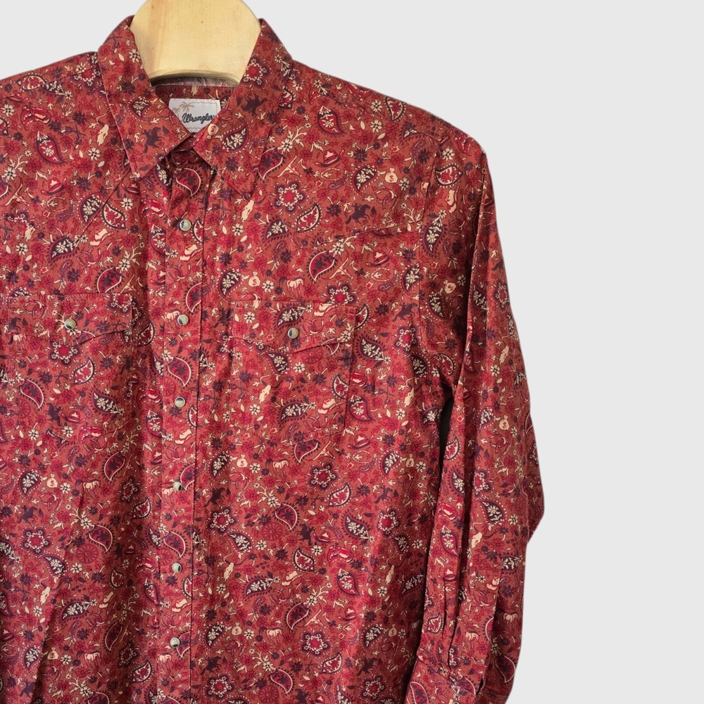 Wrangler Mens XL Red Paisley Cowboy Hat Pearl Snap Western Shirt 112338179